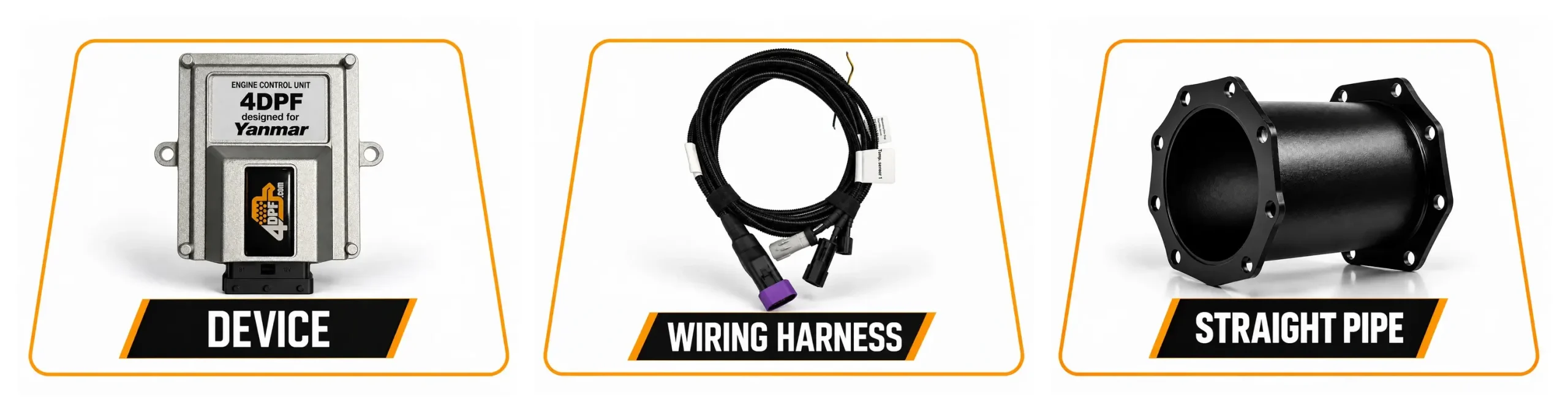 Complete Yanmar DPF delete kit with device, wiring harness, and straight pipe