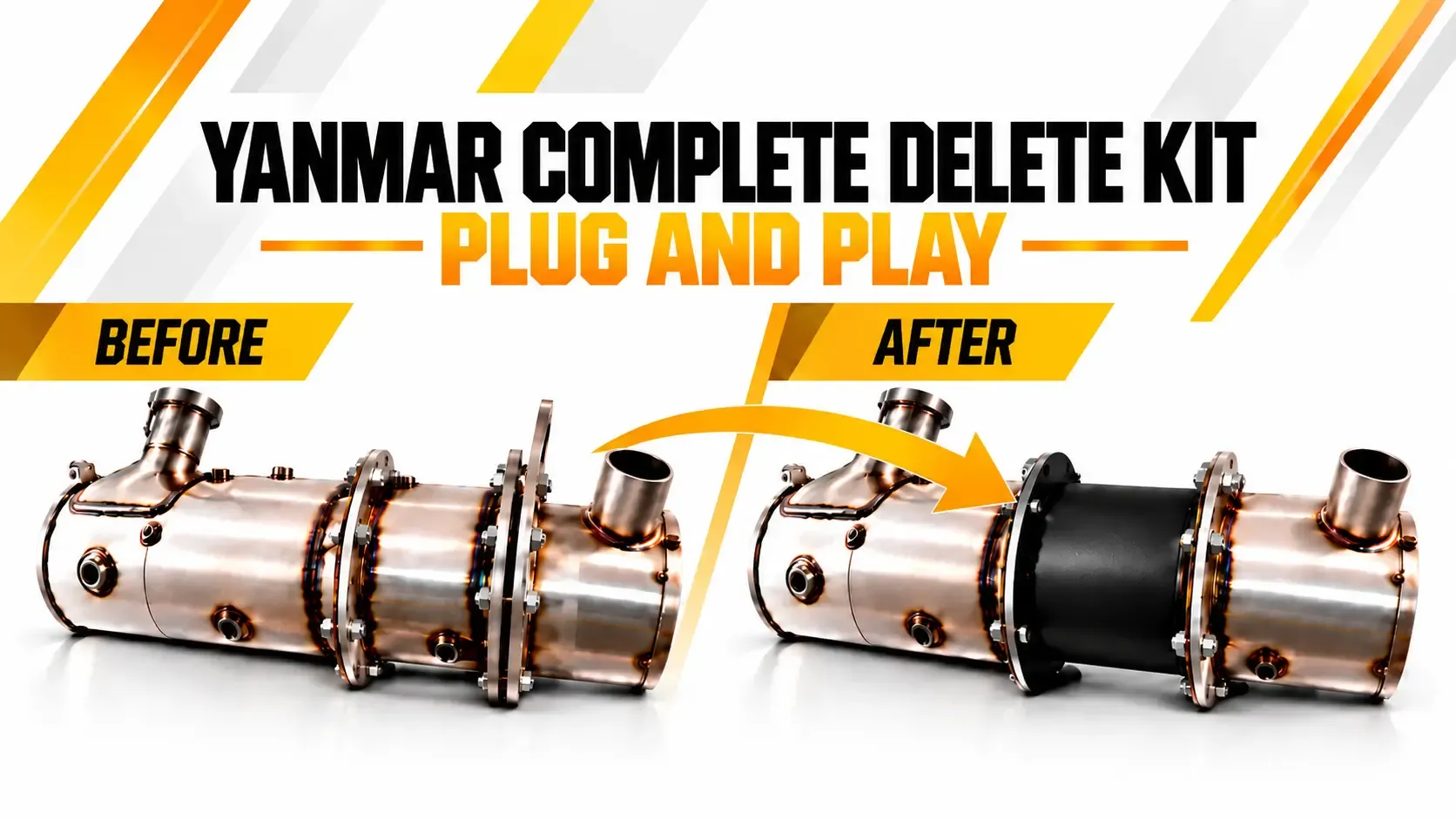 Yanmar complete DPF delete kit before and after straight pipe installation