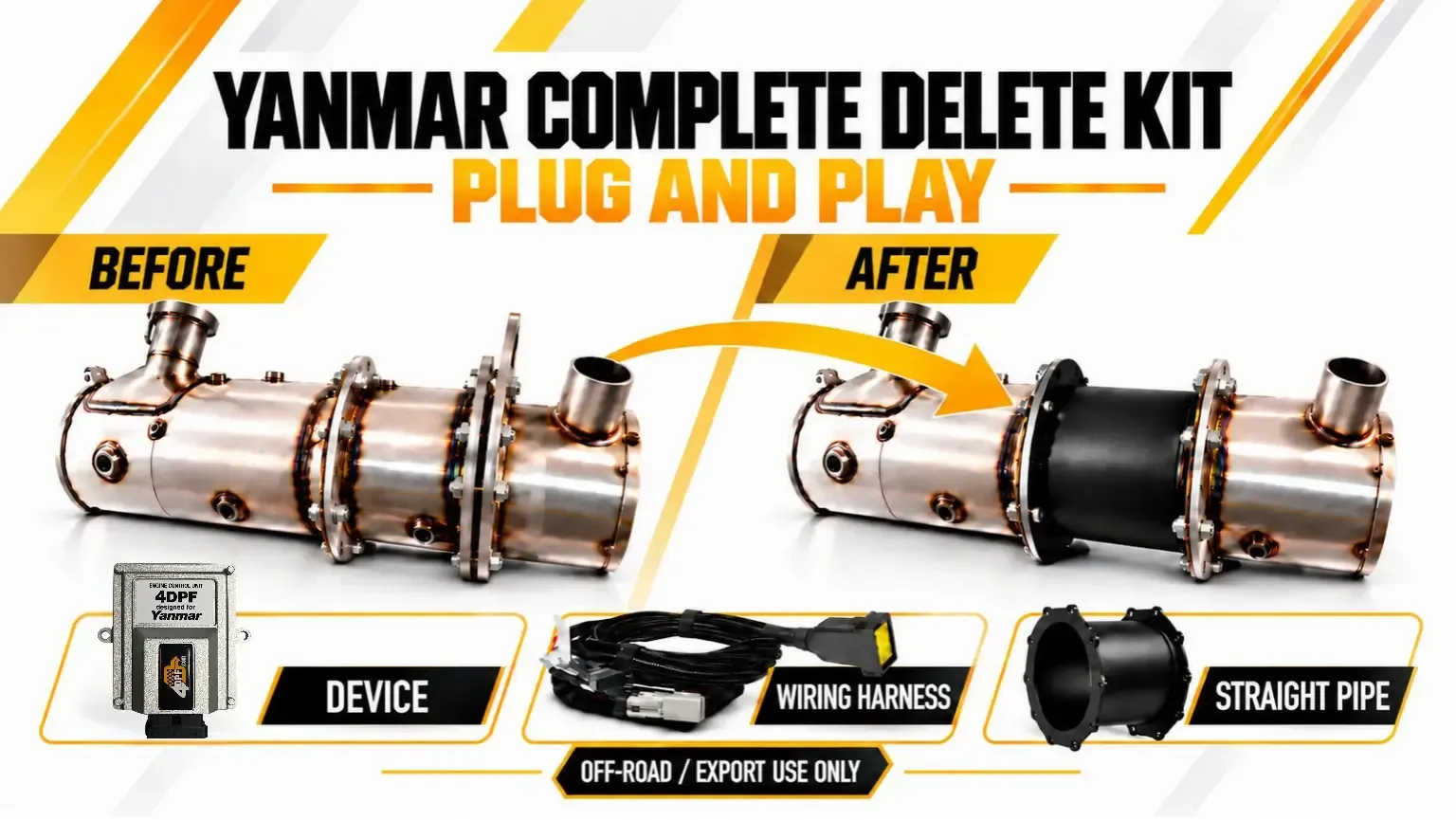 Yanmar complete DPF delete kit with device, wiring harness, straight pipe, and before-after installation comparison